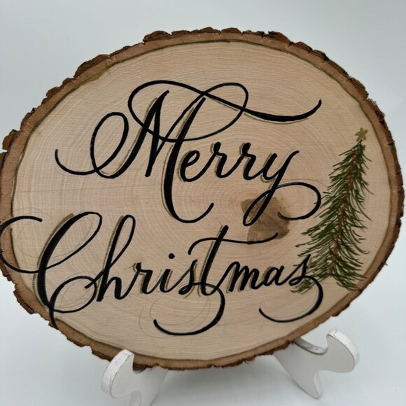 Natural hand cut wood slice hand painted with Merry. Christmas and Tree raw edge - Picture 5 of 10